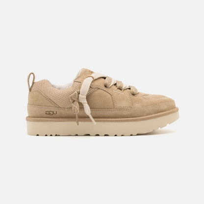 UGG Lowmel Lo Mustard Seed baskets homme et femme en daim et textile recyclé moutarde, vue de profil