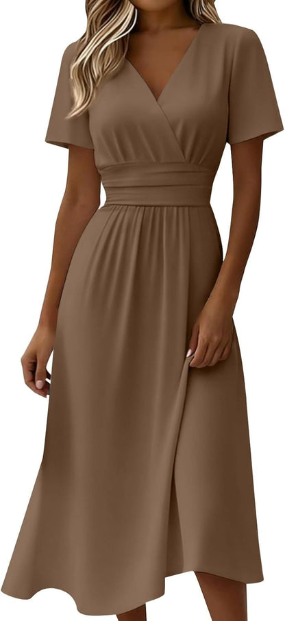 Robe Midi Femme en tissu léger, col V, coupe confortable – Menvelo