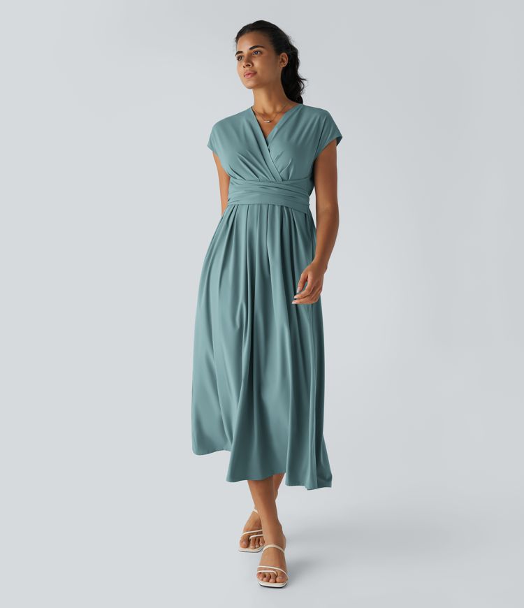 Robe Midi Légère à Col V pour Femme – Taille Élastique Coupe Évasée