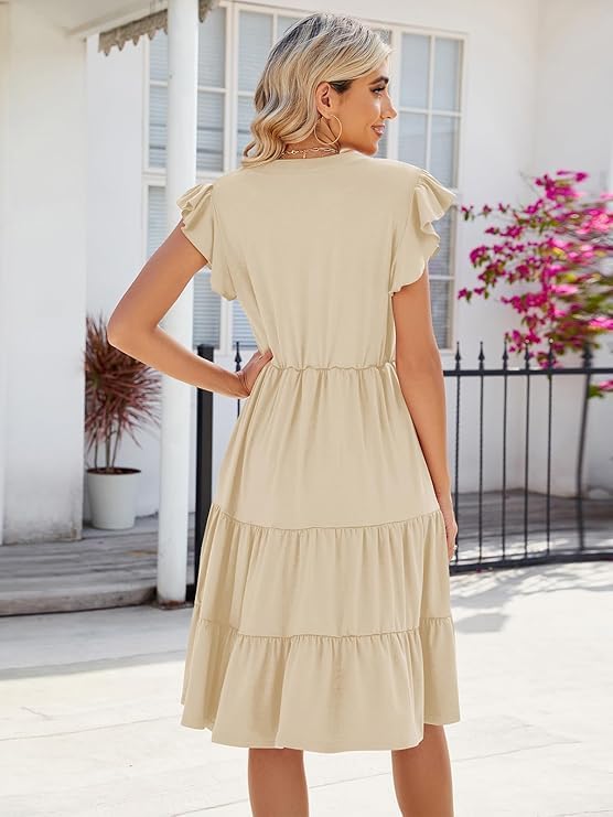 Robe Midi Femme en tissu léger, col V, coupe fluide – Menvelo