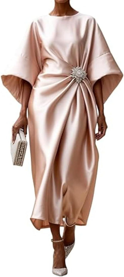 Victoria Robe Longue Satinée Femme – Robe Élégante à Manches Chauve-Souris et Taille Plissée
