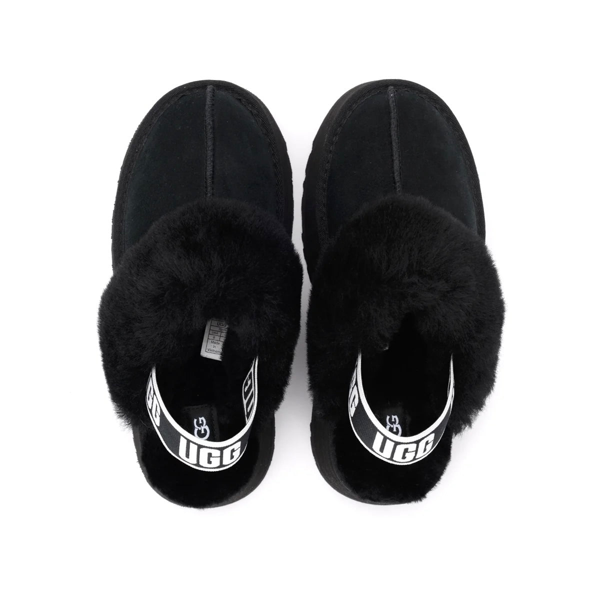 UGG Funkette Black sabots à plateforme femme en daim et peau de mouton noir, détail semelle