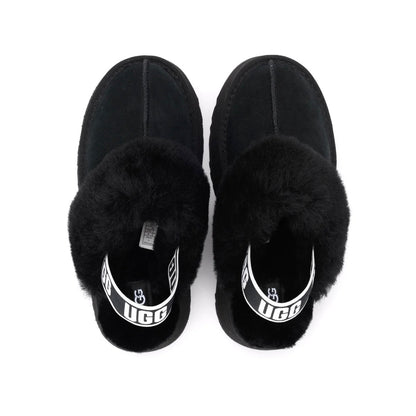 UGG Funkette Black sabots à plateforme femme en daim et peau de mouton noir, détail semelle