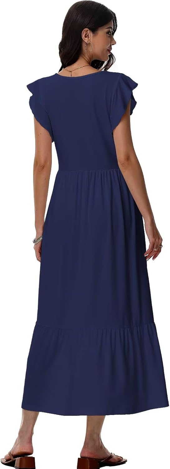Robe Midi Femme en tissu léger, col V, coupe fluide – Menvelo