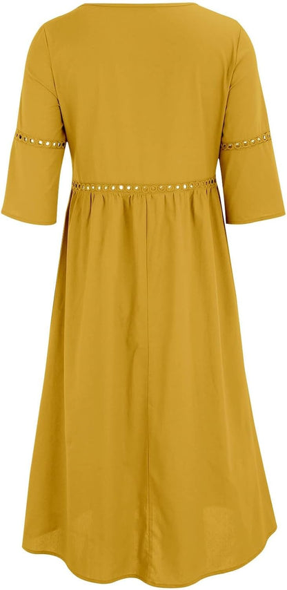 Laura Robe Femme – Robe Midi Lin Col V Manches 3/4 Poches A-Line Été
