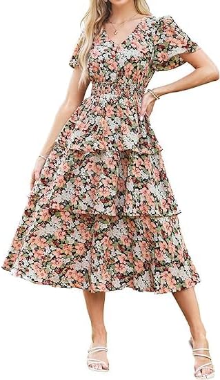Robe Midi Femme en tissu léger, col V, coupe fluide – Menvelo
