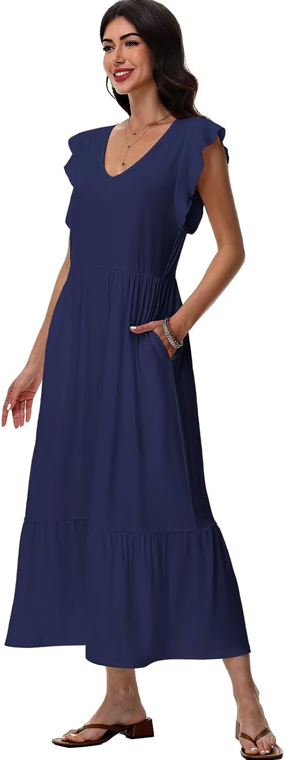 Robe Midi Femme en tissu léger, col V, coupe fluide – Menvelo