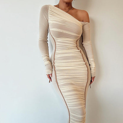 Robe Longue Femme Bodycon – Col Asymétrique Une Épaule Manches Longues Voilées