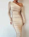 Robe Longue Femme Bodycon – Col Asymétrique Une Épaule Manches Longues Voilées