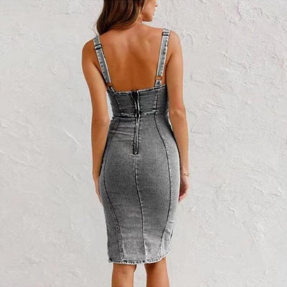 Robe Midi Femme en denim, à bretelles, coupe moulante – Menvelo