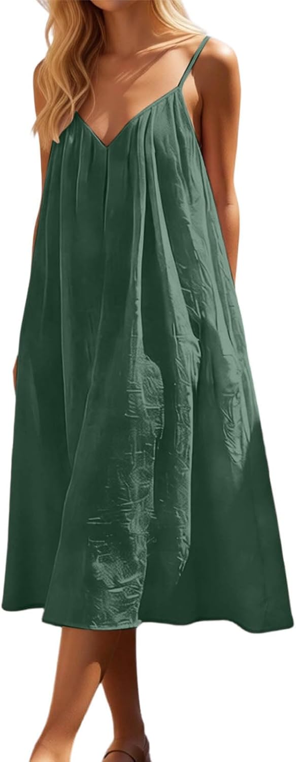 Robe Midi Femme en tissu léger, col V, coupe fluide – Menvelo