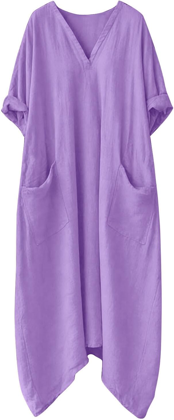 Mila Robe Femme – Robe Maxi Lin Col V Manches 3/4 Coupe A-Line Oversize Été