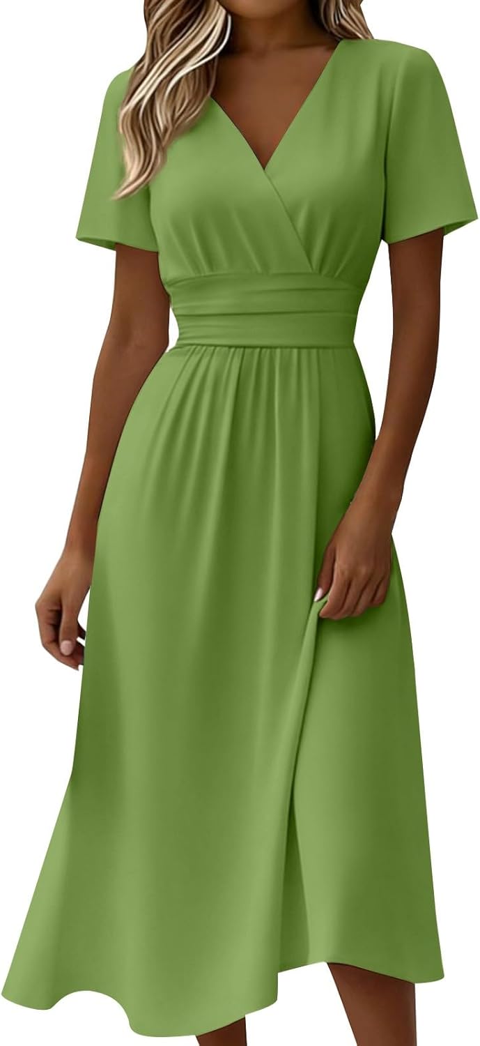 Robe Midi Femme en tissu léger, col V, coupe confortable – Menvelo