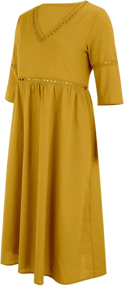 Laura Robe Femme – Robe Midi Lin Col V Manches 3/4 Poches A-Line Été