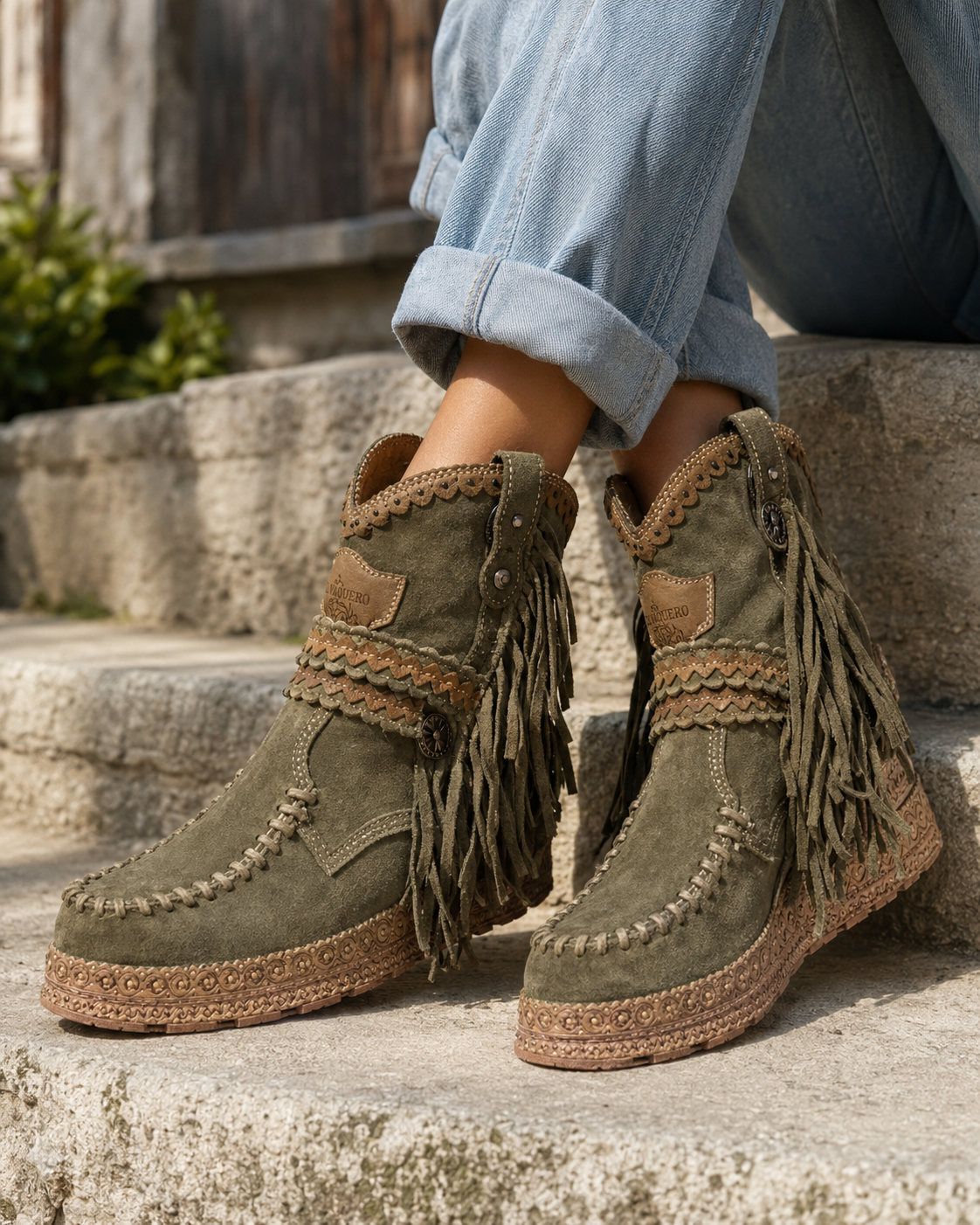 Bottes Western Femme Anaïs en Daim à Franges, Esprit Bohème