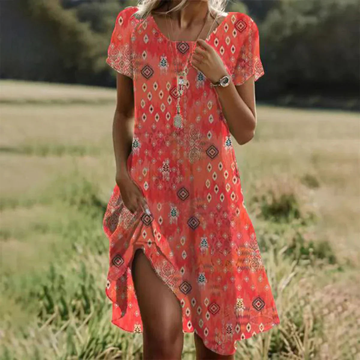 Robe Midi Femme en tissu léger, col rond, coupe confortable – Menvelo