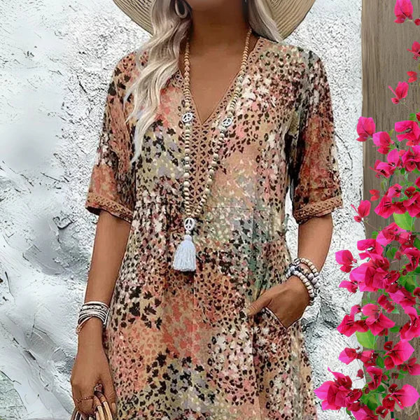 Robe midi bohème femme légère – col V coupe décontractée