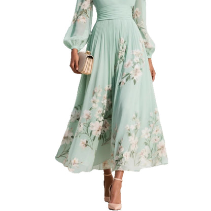 Robe Maxi Mousseline Femme – Manches Longues Coupe Évasée Plissée
