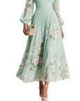 Robe Maxi Mousseline Femme – Manches Longues Coupe Évasée Plissée