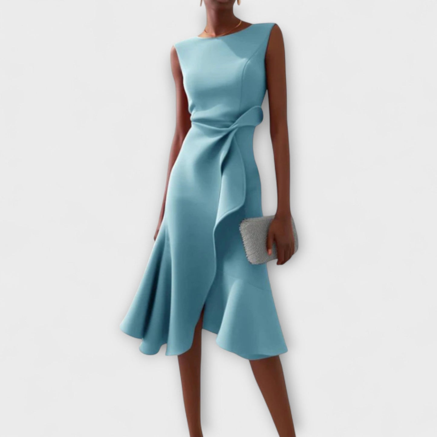 Robe Midi Structurée Sans Manches pour Femme – Col Rond Ourlet Évasé Ajusté
