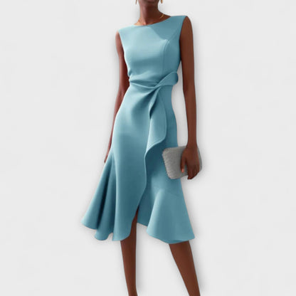 Robe Midi Structurée Sans Manches pour Femme – Col Rond Ourlet Évasé Ajusté
