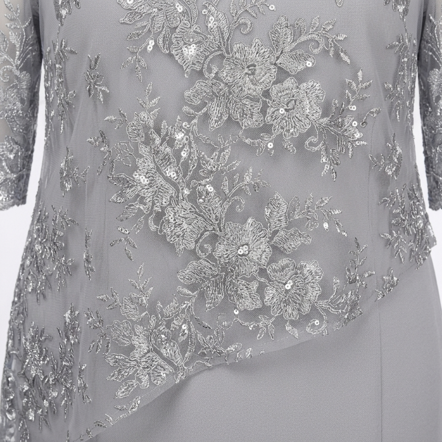 Robe Midi Femme à Broderie Florale – Manches en Dentelle Coupe Droite