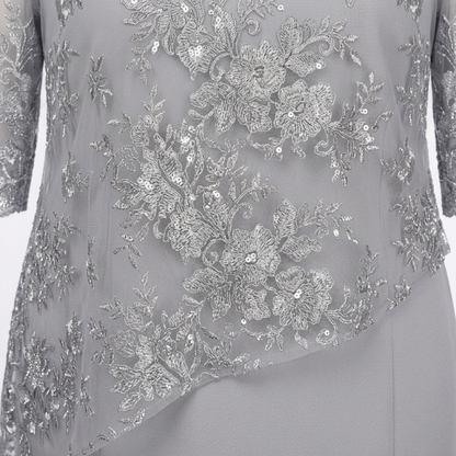 Robe Midi Femme à Broderie Florale – Manches en Dentelle Coupe Droite