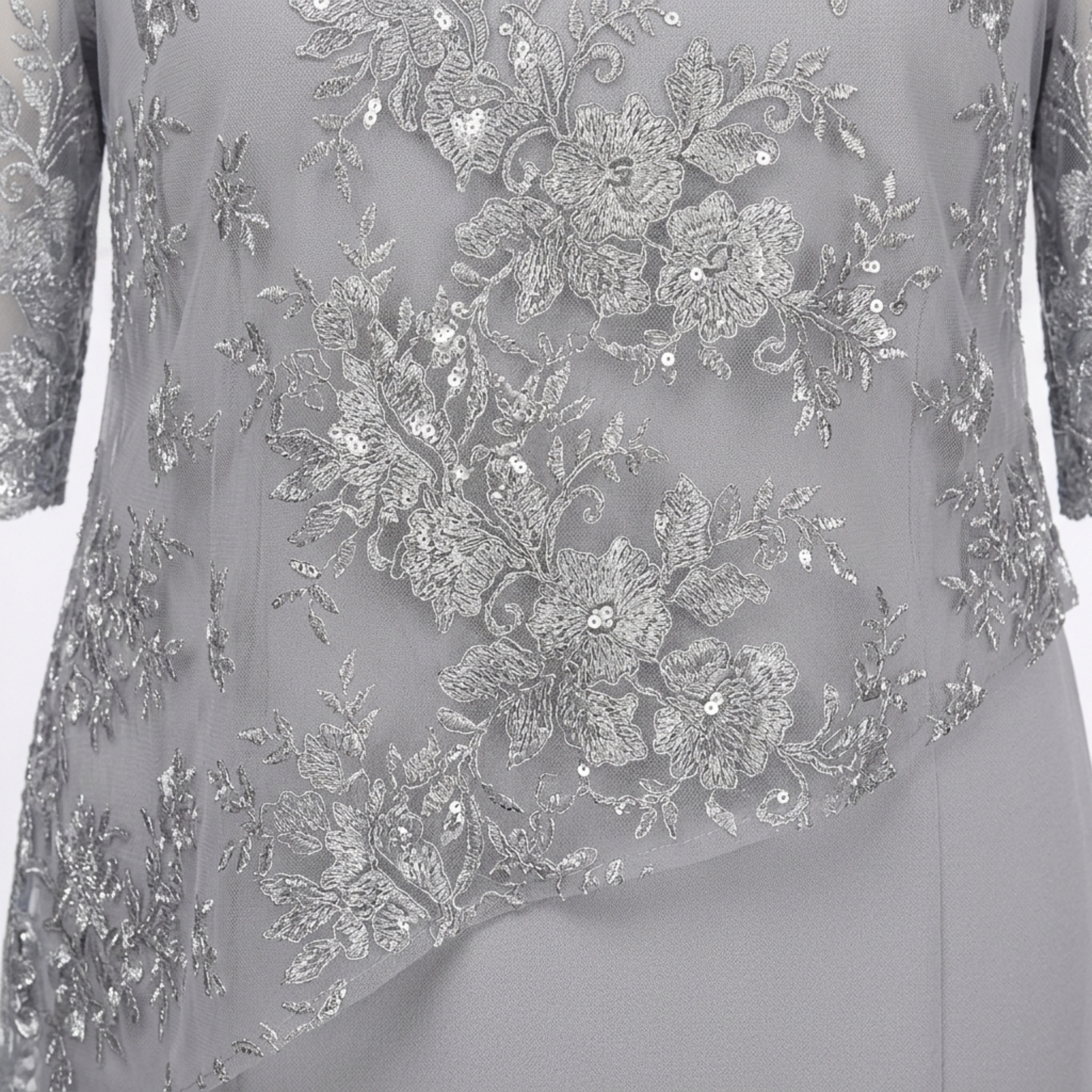 Robe Midi Femme à Broderie Florale – Manches en Dentelle Coupe Droite
