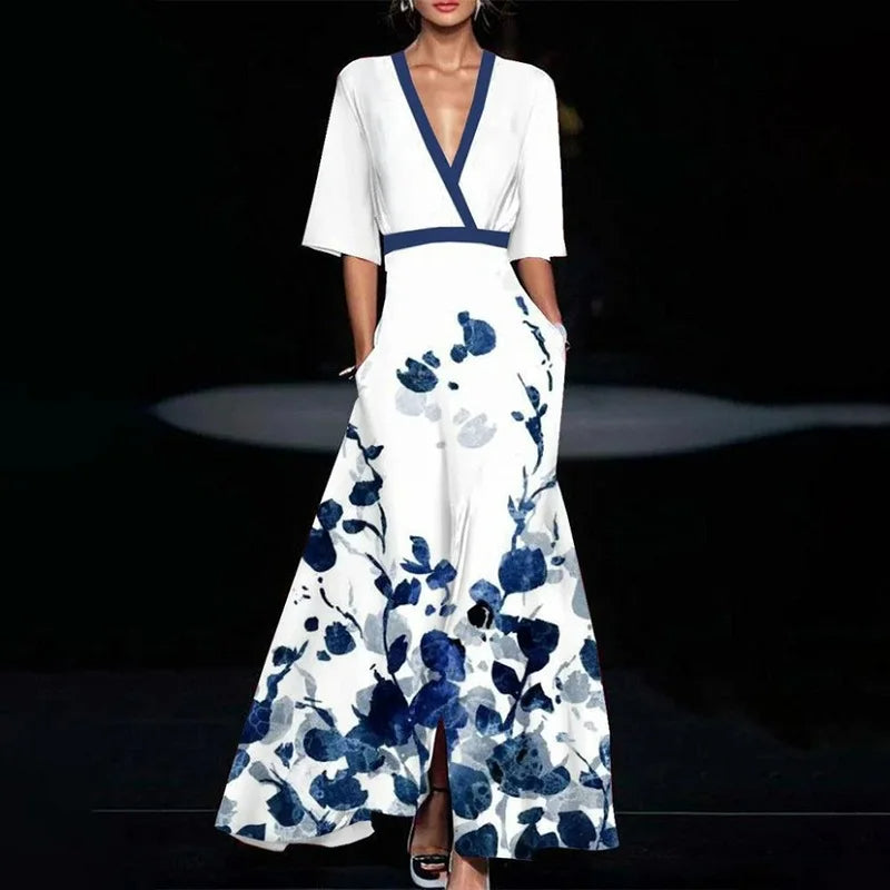 Robe maxi femme A-line à fleurs – Col V taille ajustée