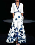 Robe maxi femme A-line à fleurs – Col V taille ajustée