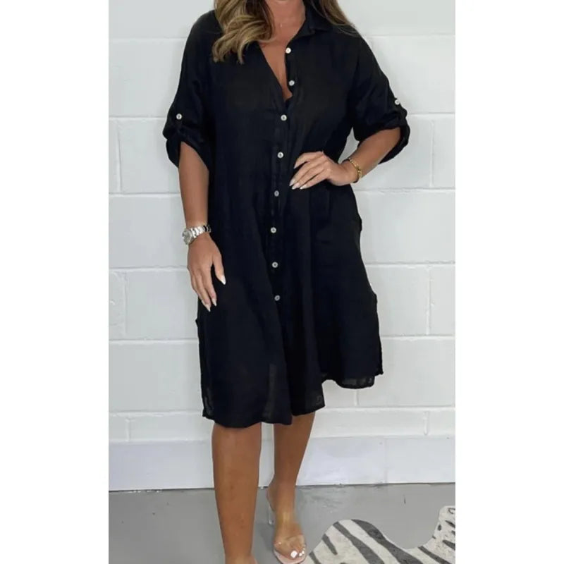 Robe Midi Femme en Coton-Lin – Coupe Décontractée Boutonnée