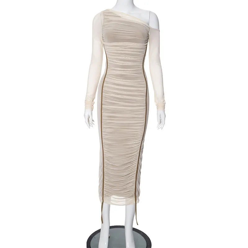 Robe Longue Femme Bodycon – Col Asymétrique Une Épaule Manches Longues Voilées