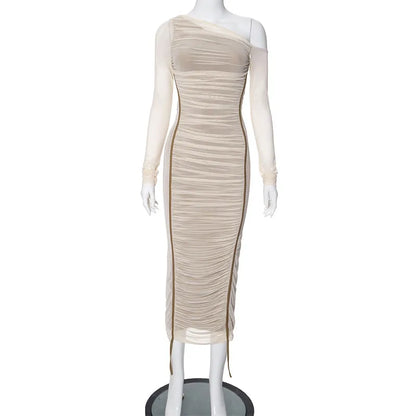 Robe Longue Femme Bodycon – Col Asymétrique Une Épaule Manches Longues Voilées