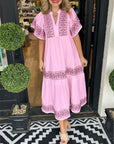Robe Midi Bohème Femme en Coton – Col V Détails Brodés