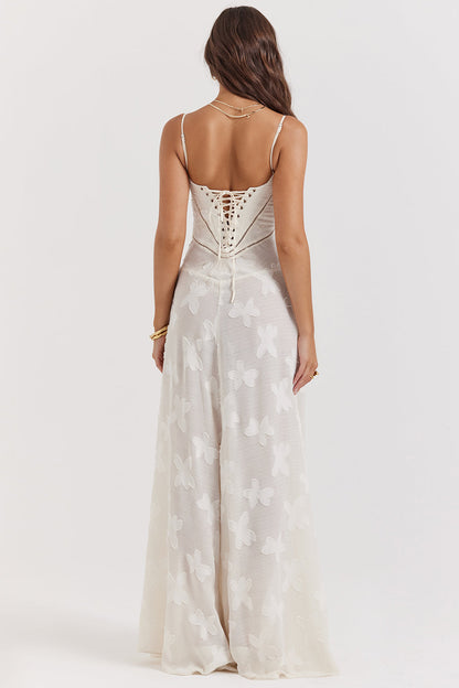 Robe longue à fines bretelles femme – coupe ajustée ourlet évasé