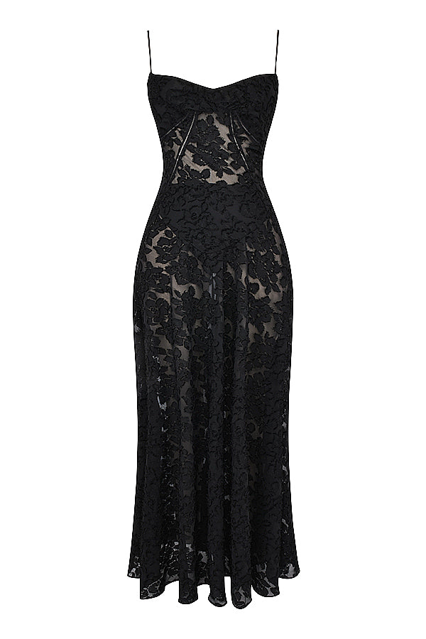 Robe longue à fines bretelles femme – coupe ajustée ourlet évasé