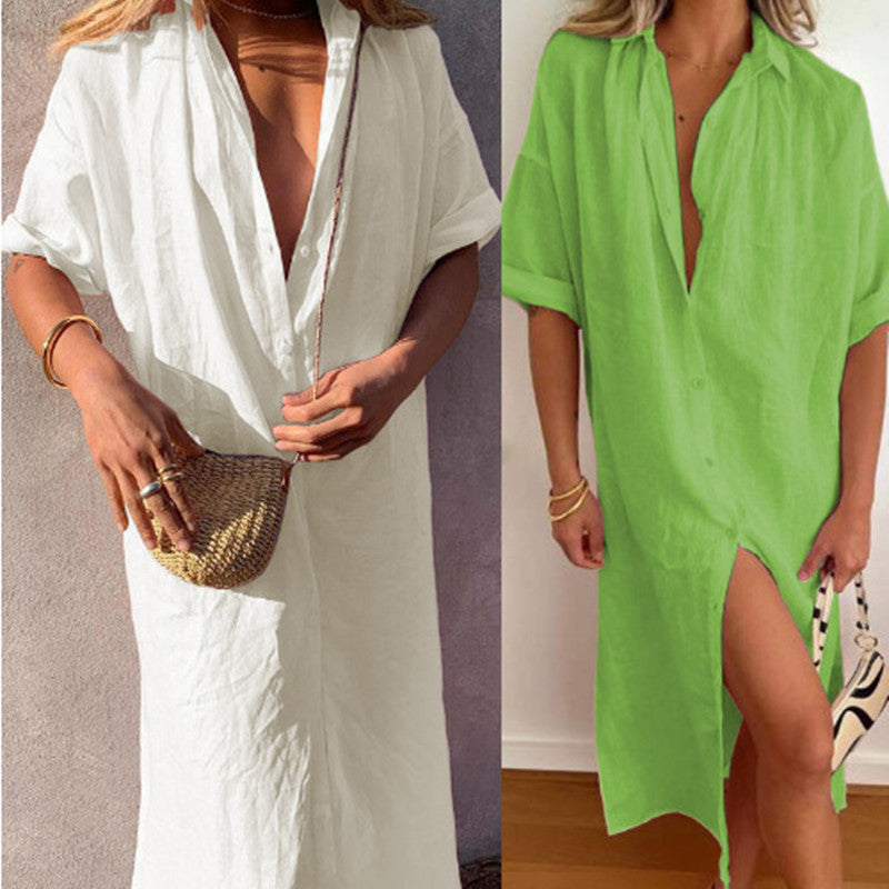 Robe Midi Femme en Mélange Coton-Lin – Col Chemisier Coupe Décontractée