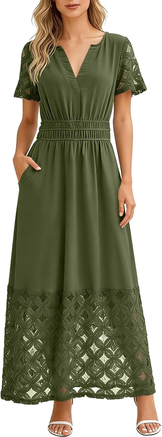 Emma Robe Femme – Robe Maxi Bohème Col V Taille Empire Poches Fluide Été