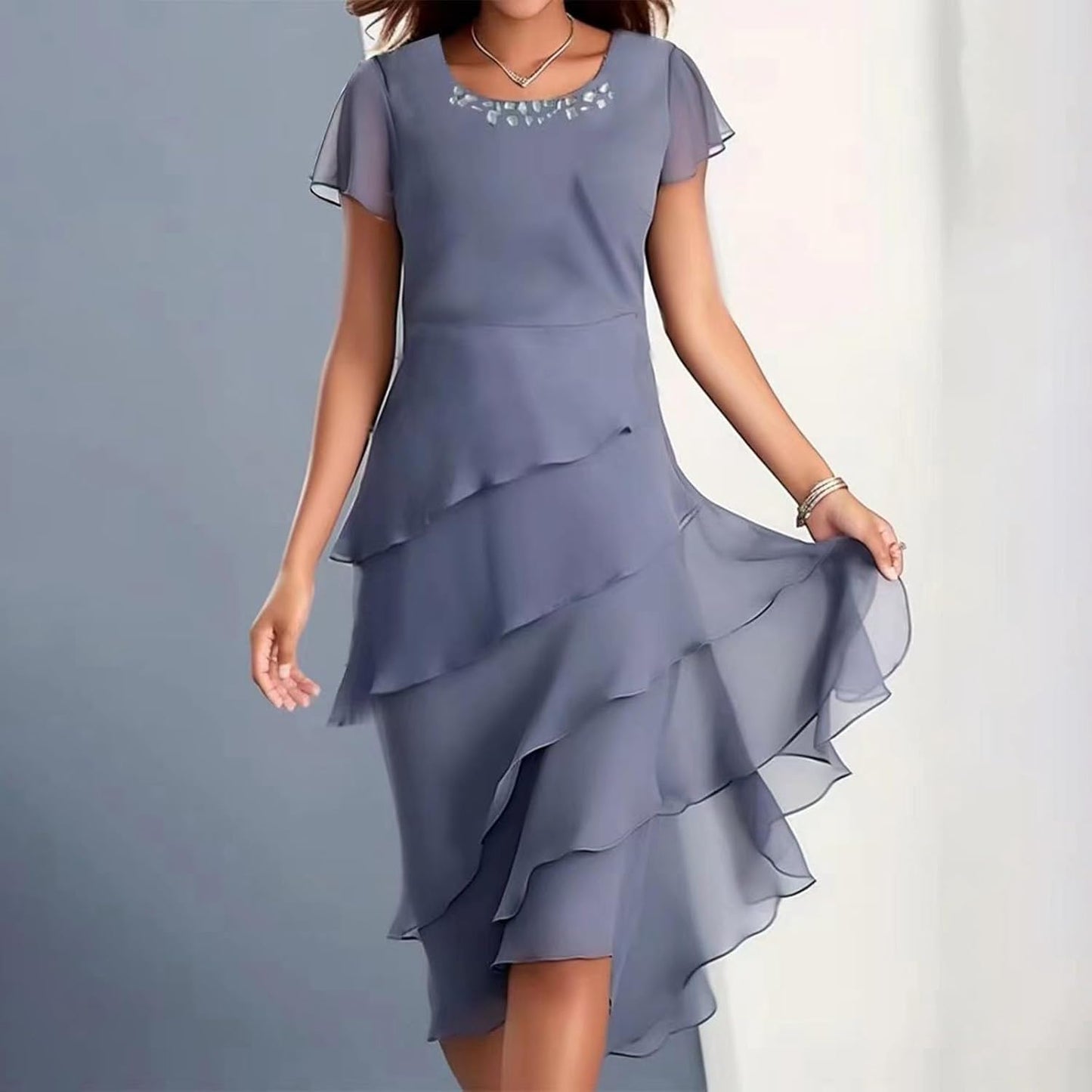Robe Midi Femme en tissu léger, col rond, coupe fluide – Menvelo