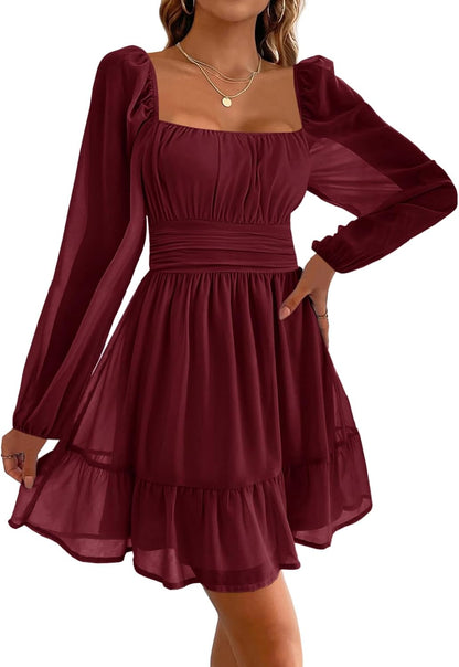 Élodie Robe Longue Femme – Robe Élégante à Col Carré, Volants et Manches Transparentes