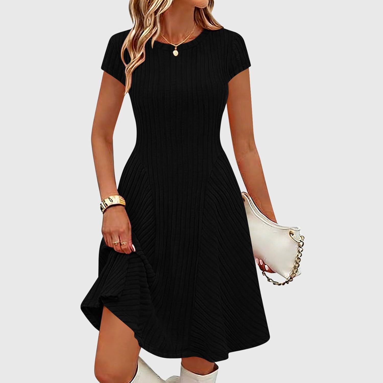 Robe Pull Femme en maille côtelée, col rond, coupe confortable – Menvelo