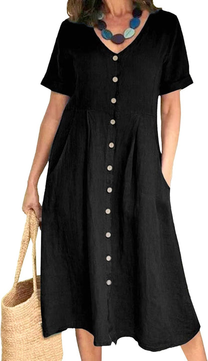 Robe Midi Femme en lin, col V, coupe fluide – Menvelo