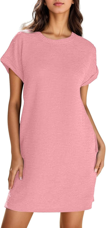 Chloé Robe Femme – Robe Mini Col Rond Taille Haute Manches Courtes avec Poches