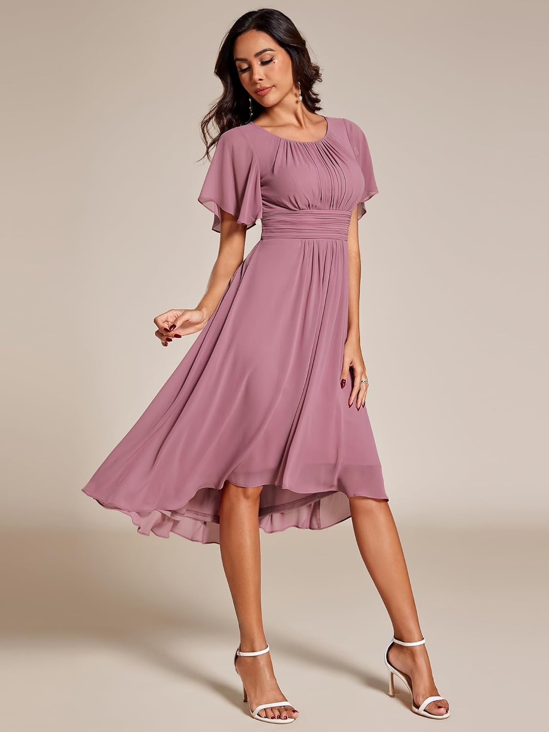 Robe Midi Femme en mousseline, col rond, coupe fluide – Menvelo