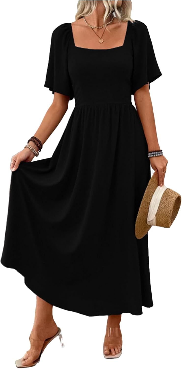 Patricia Robe Femme Maxi – Col Carré, Coupe A-Line Fluide, Manches Chauve-Souris Été