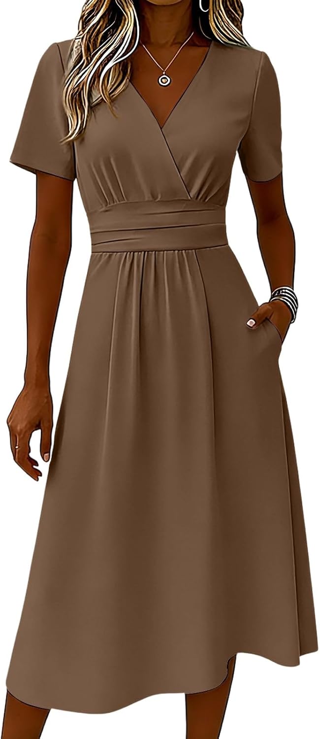 Robe Midi Femme en tissu léger, col V, coupe confortable – Menvelo