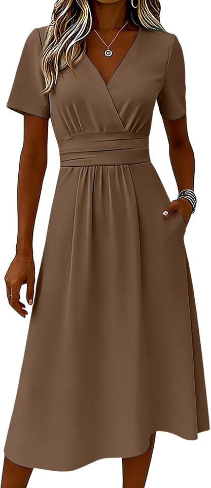 Robe Midi Femme en tissu léger, col V, coupe confortable – Menvelo