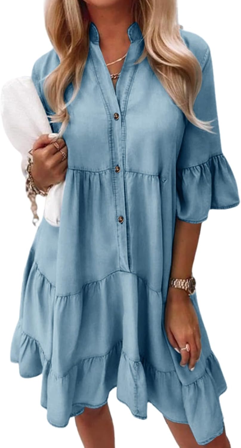 Robe Mini Femme en tissu léger, col V, coupe fluide – Menvelo