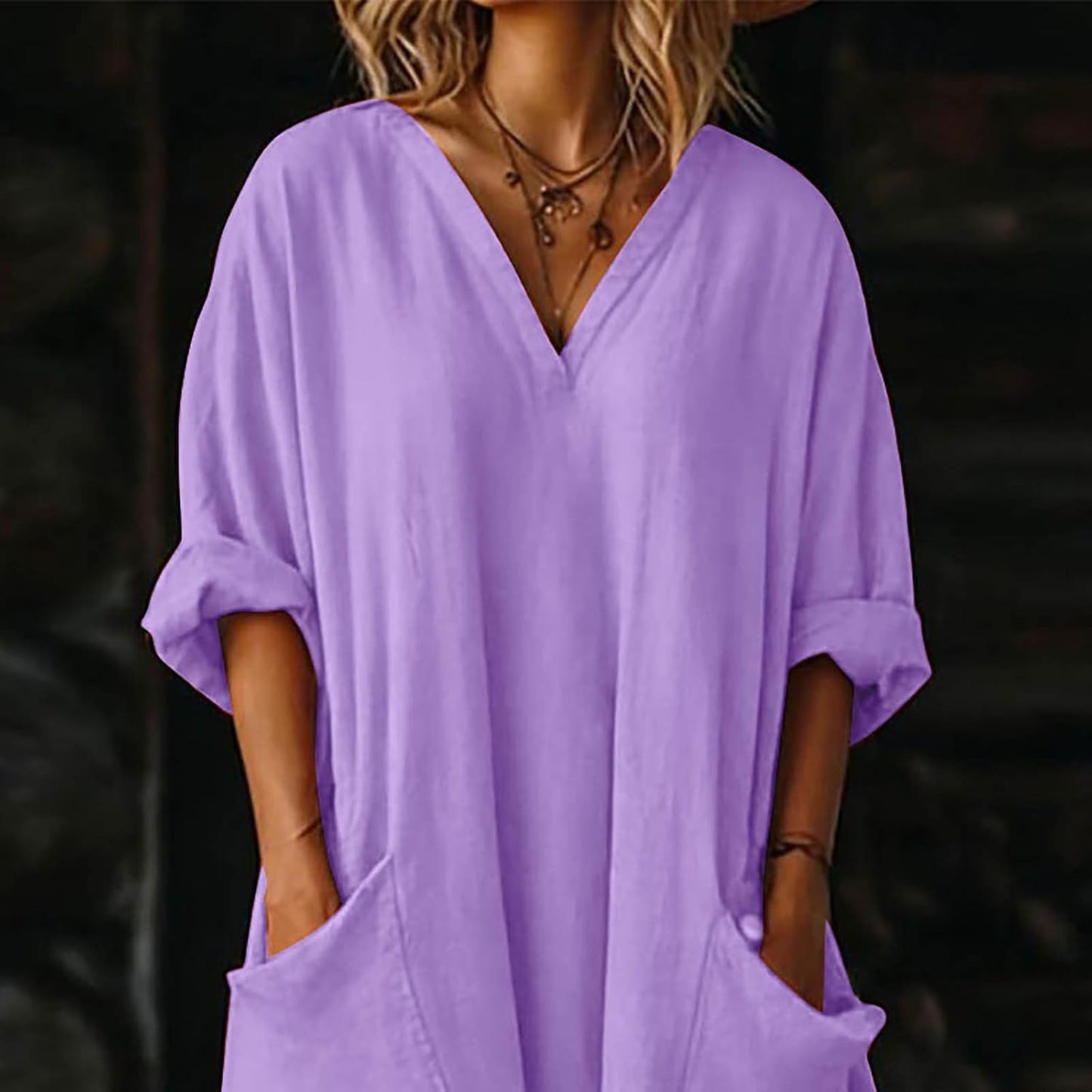Mila Robe Femme – Robe Maxi Lin Col V Manches 3/4 Coupe A-Line Oversize Été