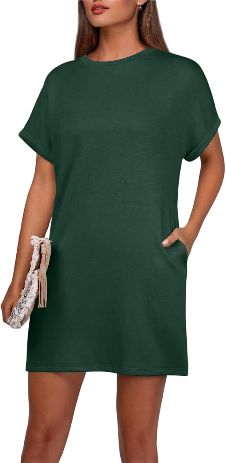 Léa Robe Femme – Robe Mini Col Rond Manches Courtes A-Line avec Poches Été
